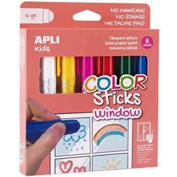 APLI Kids Color Sticks Window 6 colores surtidos, temperas sólidas de 6g cada una, para dibujar y pintar sobre cristales con fácil limpieza