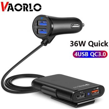 Cargador de coche VAORLO 36W con carga rápida 3.0 y cable de extensión USB para pasajeros, color negro