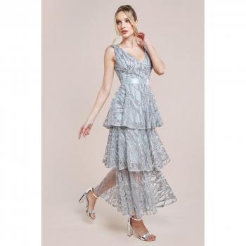 Goddiva Embroidered Mesh Tiered Midi Dress - Grey Sequin - Size 10 UK