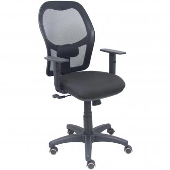 Silla de Oficina Alocén Respaldo de Malla Color Negro, Asiento Tapizado Bali Negro, Brazos Regulables, Ruedas para Parqué