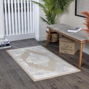 Alfombra Vintage Oriental Beige y Blanco 80 x 150 cm, Estilo Escandinavo, Fácil Cuidado, Grosor 9 mm