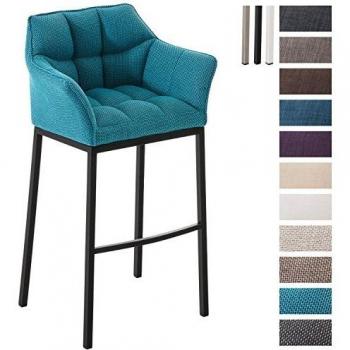 Taburete de Bar Damaso en Tela Turquesa con Base de 4 Patas Negras y Respaldo