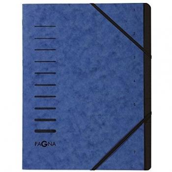 Carpeta organizadora A4, 7 compartimentos, color azul con numeración del 1 al 7 en la tapa