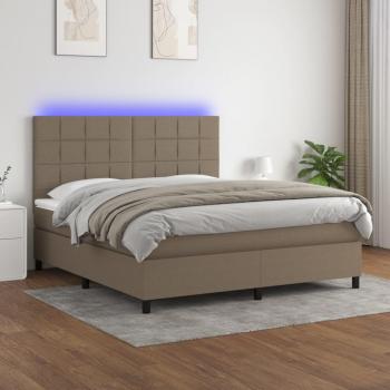 Cama box spring con colchón y luces LED tela gris taupe 180x200 cm
