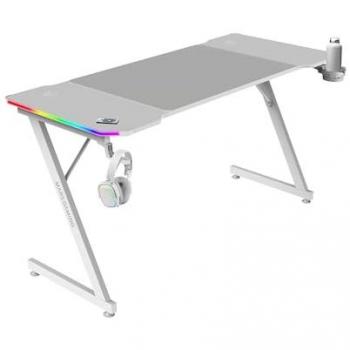 Mesa Gaming Ergonómica RGB 140x60cm con Mando, Alfombrilla XXL y Soportes Externos, Fibra de Carbono, Gestión Cableado, Color Blanco