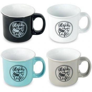 CAPRILO Set de 4 Tazas Decorativas Frase Original. Mugs. Gres. 9 x 13 x 10.5 cm.