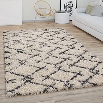 Alfombra Salón Pelo Largo Shaggy Motivo Moderno Boho Escandinavo Rombos 120x170 cm, Color: Crema Antracita 3