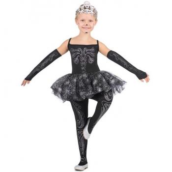 Disfraz de Bailarina Esqueleto con tiara para niña, incluye vestido negro y rosa con estampado de esqueleto, mallas a rayas, tiara decorativa y detalles brillantes