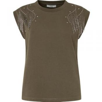Camiseta de mujer Pepe Jeans Freija verde con manga sisa y flecos en hombros, talla M