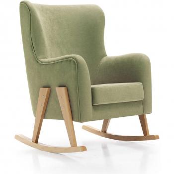 Sillón de lactancia GLAM tapizado en tela verde y patas de madera oliva