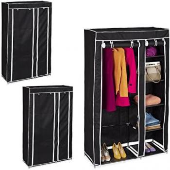 Armario de Tela Plegable Relaxdays, Ropero Desmontable con 5 Baldas y Perchero, Medidas 174 x 107 x 42.5 cm, Color Negro