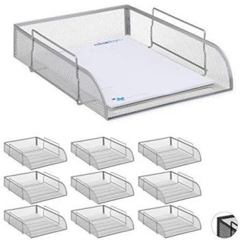 Set de 10 Bandejas para Documentos A4 Apilables de Metal, Color Plateado, Dimensiones 26 x 33.5 cm