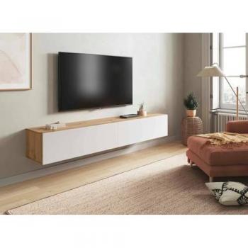 Mueble TV Suspendido Vincennes con 2 Puertas, 180x35h28 cm, Roble Nudoso y Blanco Brillante - Dmora