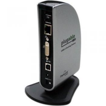 Plugable Base de Conexion USB 2.0 universal para portátiles, con DVI/VGA de DisplayLink de hasta 1920x1080, audio, ethernet, y 4 puertos USB 2.0 de alta velocidad disponibles para Windows.