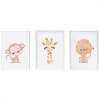 Juego de 3 Cuadros Infantiles Crochetts Multicolor Madera MDF 33 x 43 x 2 cm Jirafa León Mono (3 Piezas)
