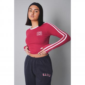 Kaiia Sporty Long Sleeve Tee with Contrast Binding in Red and White