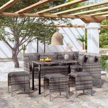 Sofá en forma de L con almohadas 5 piezas gris en Polyrattan
