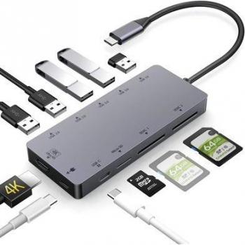 Hub de Aluminio USB-C 11 en 1 con HDMI 4K, USB 3.0, Carga, SDXC y Micro SD