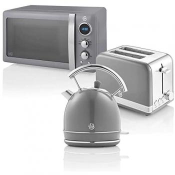 Set Retro de Desayuno Swan: Hervidor de Agua 1,8L, Tostadora de 2 Rebanadas y Microondas Digital 20L, Diseño Vintage Gris
