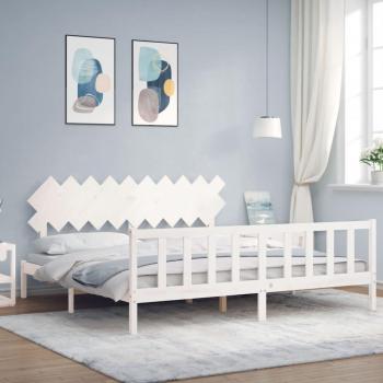 Cama de matrimonio de madera maciza con cabecero blanco de 200x200 cm