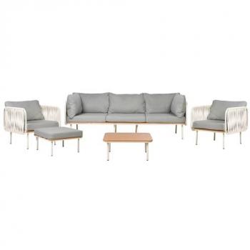 Conjunto de sofá jardín con sillones, otomana y mesa de centro, estructura metálica, respaldo de cuerda y cojines grises estilo elegante