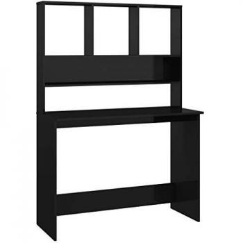 High Gloss Black Engineered Wood Desk with Shelves - 110x45x157 cm (43.3 x 17.7 x 61.8)