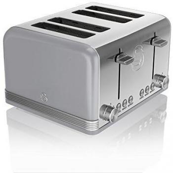 Tostadora Retro 4 Rebanadas Gris con Acero Inoxidable, 1600W, Funciones de Descongelación, Recalentamiento y Cancelación