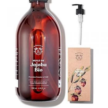 ACEITE DE JOJOBA ORGÁNICO | 100% Puro, Natural y Prensado en Frío | Rostro, Cuerpo, Cabello, Barba, Uñas | Vegano y Cruelty Free | Jojoba Oil | Botella de Vidrio + Bomba