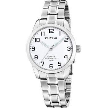 Reloj Calypso Basic K5867/1 Blanco Mujer, Caja de Acero Inoxidable 316L Plateado, Correa de Acero Inoxidable 316L Plateado