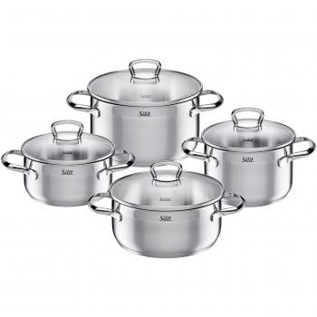Set de Ollas Silit Toskana Inducción 8 Piezas con Tapas de Vidrio, Acero Inoxidable 18/10, apto para Todas las Cocinas