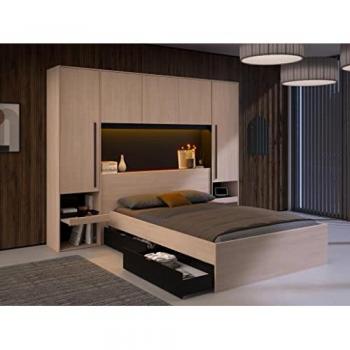 Cabecero de dormitorio puente John color roble Brooklyn y negro Stipple 265x40x203 cm con compartimentos y LEDs