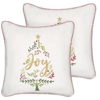 Conjunto de 2 cojines decorativos de terciopelo blanco con estampado de árbol de Navidad, 45 x 45 cm, fundas de algodón extraíbles y relleno de poliéster