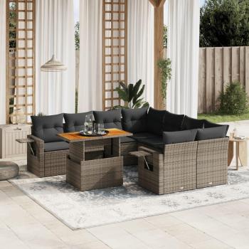 9-Piece Grey Poly Rattan Garden Sofa Set with Cushions