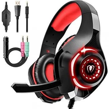 Cascos Gaming Premium Stereo con Microfono para PS4 PS5 PC Xbox One, Auriculares Gaming con Bass Surround Cancelacion Ruido, Diadema Acolchada y Ajustable