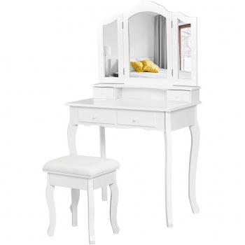 Tocador con Espejo Plegable en 3 Partes y Taburete, 4 Cajones, Color Blanco, Dimensiones: 80 x 40,5 x 137 cm, Mesa de Maquillaje con