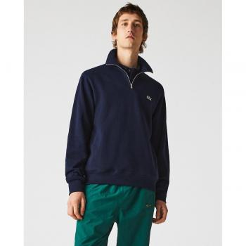 Lacoste Men's Zippered Stand-Up Collar Cotton Sweatshirt - Navy Blue - Size L