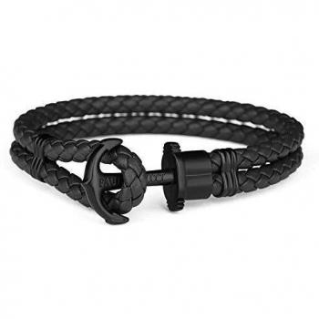 Pulsera unisex de cuero Paul Hewitt con ancla de plástico, color negro, 19.7 cm