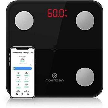 NOERDEN - Báscula Inteligente MINIMI - Báscula de Peso Corporal - Tecnología Step-On et BIA, Bluetooth, Pantalla LED, Vidrio Templado, 4 Sensores de Precisión y Analiza 9 Datos Corporales - Negro