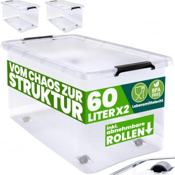 Caja de almacenamiento de plástico transparente con tapa, 60x40x35cm, capacidad 60L, resistente, incluye 4 ruedas y es libre de BPA