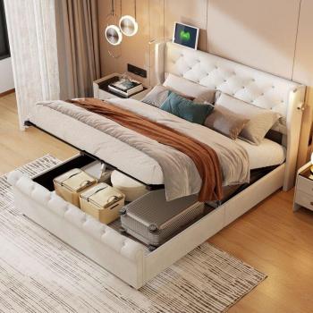 Cama de 140x190 cm con canapé de terciopelo, cabecero acolchado con 2 luces de lectura y carga USB, cama matrimonial con almacenaje y somier de láminas