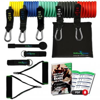 Juego de bandas de resistencia elásticas + guía de ejercicios – Cintas profesionales: 5 tubos de látex + tobillera, anclaje para puerta & asas acolchadas | Fitness, gimnasio, crossfit, culturismo