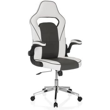 Silla de Gaming GAME SPORT PRO - Imitación Cuero Blanco/Gris Oscuro, Altura Ajustable y Reposabrazos Abatibles