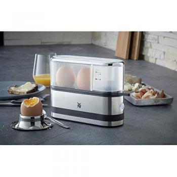 WMF Cocedor de dos Huevos, 250 W, con espacio para un huevo, acabados de acero inoxidable de Cromargan® mate, cubierta Tritan libre de BPA, jarra de medición de agua y perforador de huevos incluido