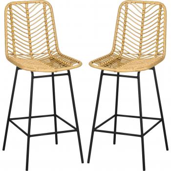 HOMCOM Pack de 2 Taburetes Altos de Cocina con Asiento de Ratán Sintético y Patas de Acero Natural