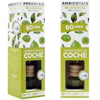 Ambientair. Ambientador para coche Té Verde Lima. Ambientador sin alcohol con tapón de madera. Fragancia suave y duradera que no causa mareos ni irritación.