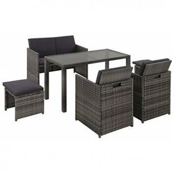 6-Piece Gray Poly Rattan Outdoor Dining Set with Cushions