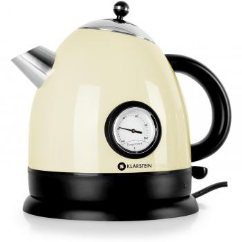 KLARSTEIN Aquavita Hervidor de agua - Inalámbrico, Tetera eléctrica, Tetera diseño retro, 1,5 L, 2200 W, Termómetro vintage, Asa Cool Touch, Base con recogecable, Crema