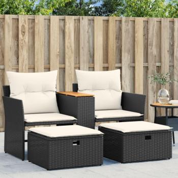 Sofá de jardín 2 plazas con taburetes negros en Polyrattan con toldo y taburetes ratán pe negro