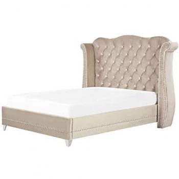 Cama de Terciopelo Beige 140 x 200 cm con Cabecero Capitoneado y Listones