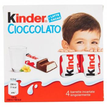 Barritas Kinder Chocolate T4 - Chocolatinas con alto contenido en leche, ideales para los más pequeños, disponibles en cajitas de 4 chocolatinas de 12,5 gramos cada una, aptas para celiacos, presentadas